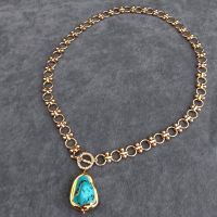 KKGEM Gold Plated Link Chain 22x28mm Blue Turquoise Pendant Chokers Necklace Designer Gems Jewelry