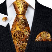 Elegant Mens Ties Gold Yellow Paisley Floral Silk Neck Tie Pocket Square Cufflinks Wedding Gift Free Shipping Barry·Wang 5965