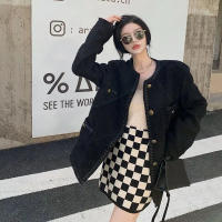 Streetwear Vintage Tweed Jacket Women Small Frangece Style Elegant Single Breasted Black Coat Luxury Design Fashion Outwear 2022