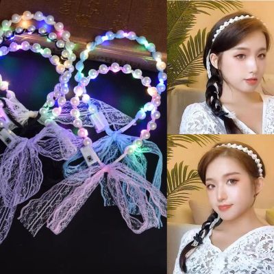 Pearl Lace Ribbon Luminous Hair Band Fairy Lights Light Up Headband Female Tie Pearl Headdress Glow Wedding Party Christmas Gift