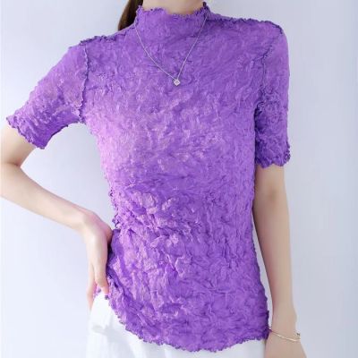 Womens New Solid Color Slim Fit Pleated Top Short Sleeve T-shirt