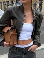 ┋✼ Fashion Bomber Jacket Cropped Leather Short Coat Female Collar Gothic Racing Jackets Biker Motorcycle Outerwear