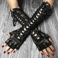 Halloween Lolita Retro Womens Long Gloves Steampunk Gothic Cosplay Lace Corset Half-finger Gloves Ribbon Fishnet Mesh