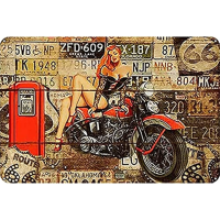 คอลเลกชันป้ายทะเบียนรถและรถจักรยานยนต์ที่ไม่ซ้ำใคร: Route 66 Pinup Girl Retro Vintage Metal Tin Sign Art Plaque Wall Poster