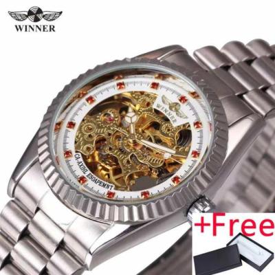 นาฬิกาแฟชั่นนาฬิกาเหล็กเต็มเรือนกลไกอัตโนมัติสำหรับผู้ชายเบอร์ WINNER T-WINNER 063 2017นาฬิกาคริสตัลสีแดงหน้าปัดสีทอง