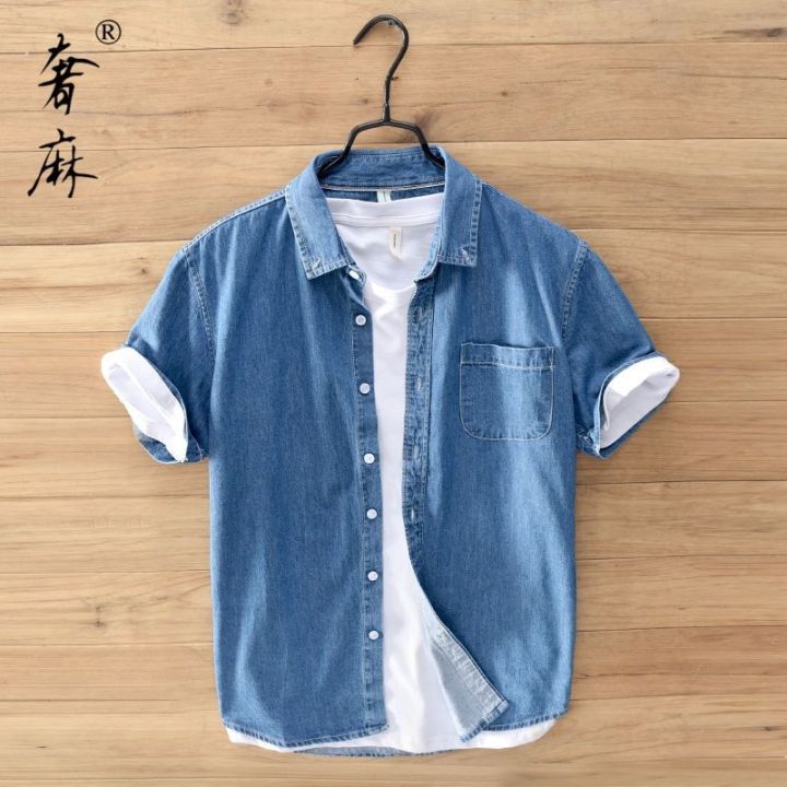 ready-luxury-linen-japanese-style-distressed-casual-short-sleeved-denim-shirt-mens-white-summer-youth-thin-loose-cotton-shirt