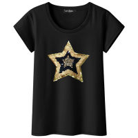 2021 New Fashion Paillette T Shirts For Women Short Sleeve Cotton Tees Star Polka Dot Sequined Summer Rhinestone Camisetas Mujer