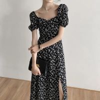 【HOT】♟♈ New Boho Floral Print Puff Sleeve Collar Slit Dresses 2022 Beach A-line