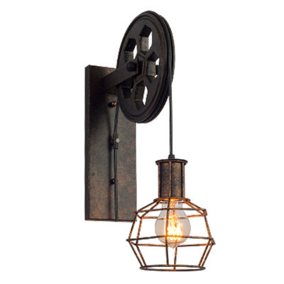 Vintage Cage Pendant Light Pulley Iron Craft Sling Rope Stairs Corridor Wall Lights Stand Lamps Retro Pendant Without Bulb