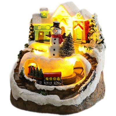 1 PCS Christmas Village Houses Sets Rotating Train Display Figurines LED Light Up Santa