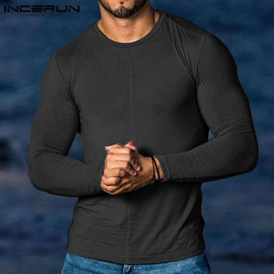 เสื้อแขนยาวสำหรับผู้ชาย INCERUN เสื้อกล้ามรัดรูปท่อนบนเสื้อยืดเสื้อลำลอง (ลดล้างสต๊อก)