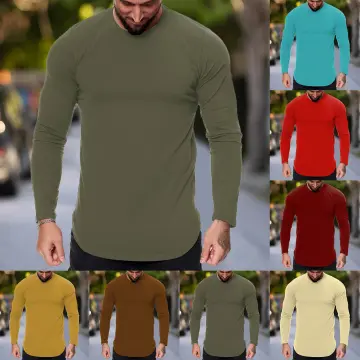 Pink Shirts For Men Mens Fashion Casual Sports Fitness Outdoor Curved Hem  Solid Color Round Neck T Shirt Long Sleeve Top 