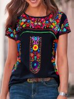 xixibeauty Floral Print Ethnic T-shirt, Boho Crew Neck Short Sleeve Summer T-shirt, Womens Clothing