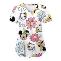 Minnie Mouse T-shirts V Neck Nurse Uniform T-shirt Mickey Top Women 2023 Pocket Woman Clothes Hospital Summer Tops Disney Tees