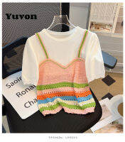 Yuvon Striped knitted short sleeved T-shirt for women summer 2023 new design sense niche splicing fake two piece short top