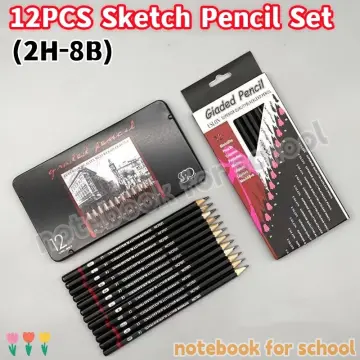 12pcs Professional Sketch Pencils Set, Cartoon Stationery, 2h-8b