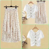 COD DSFERTGERRYYY [Ready Stock Hot Sale] Summer New Style Plus Size Womens Clothing Floral Skirt Suit Two-Piece Women High Waist Slimmer Look Korean Version Short Chiffon Short-Sleeved t-Shirt Casual