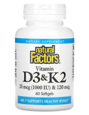 Natural Factors, Vitamin D3 &amp; K2, 60 Softgels
