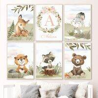 ชื่อส่วนบุคคล,หมีน่ารัก,สุนัขจิ้งจอก,กระต่าย,Raccoon Forest Nursery Wall Art,เหมาะสำหรับตกแต่งห้องนอนห้องเด็ก