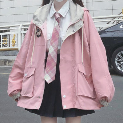 Japanese kawaii Zipper pink woman jacket  Korean color matching winter clothes Loose cute female tops coat manteau femme