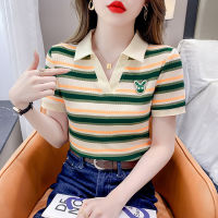 Stripe Blouse Women Short Sleeve Polo Shirt Korean Style Summer Fashion Casual Tops