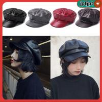 JPTJPT Autumn Winter Pure Color Women PU Leather Octagonal Cap Beret Hat Duck Tongue Cap