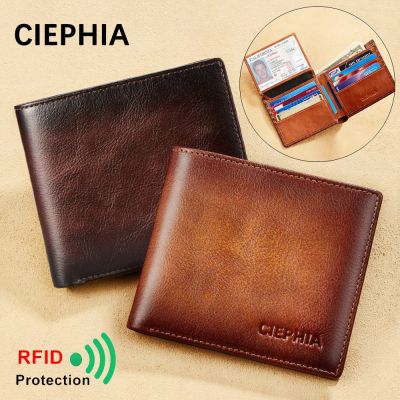 กระเป๋าสตางค์ RFID หนังของแท้สำหรับผู้ชายวินเทจสั้นพับสองทบมัลติฟังก์ชั่นกระเป๋าเก็บบัตร ID เครดิตมี2หน้าต่าง ID
