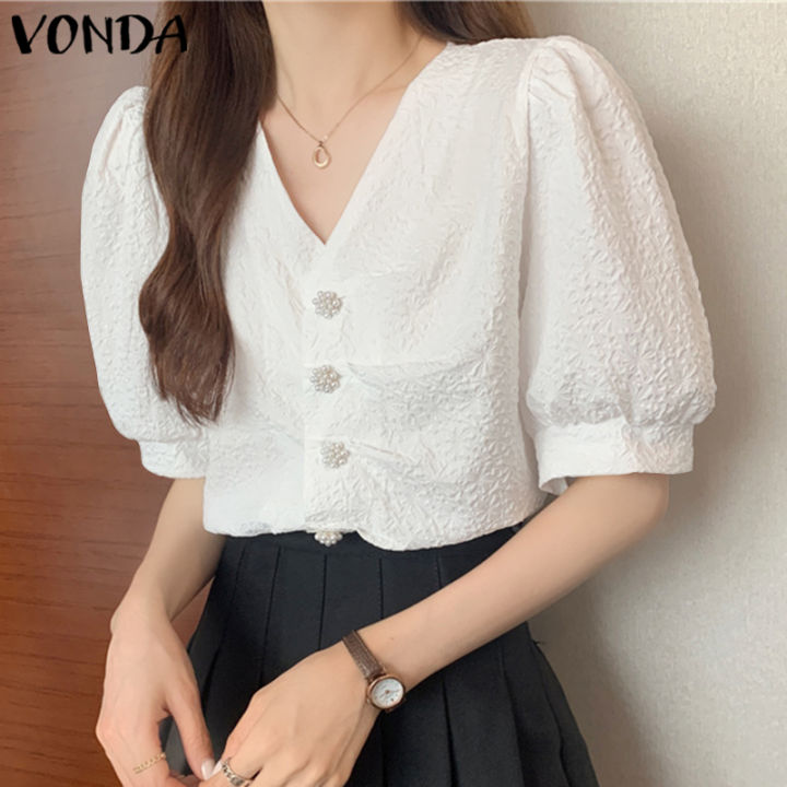 จัดส่งฟรี-fancystyle-vonda-women-s-elegant-v-collar-tops-solid-simple-short-sleeve-casual-blouses