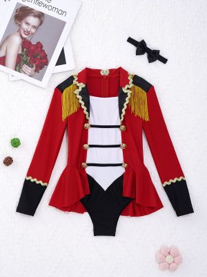 Kids Girls Circus Cosplay Costume Long Sleeves Color Contrast Patchwork Tassel Buttons Adorned Cosplay Jumpsuit With Tie