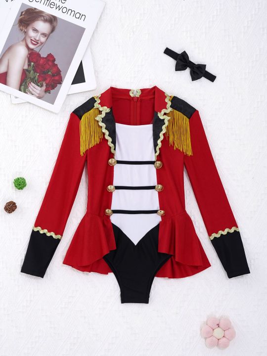 kids-girls-circus-cosplay-costume-long-sleeves-color-contrast-patchwork-tassel-buttons-adorned-cosplay-jumpsuit-with-tie