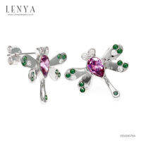 Lenya Jewelry ต่างหูเงินแท้ 925 ชุบโรเดี่ยม ดีไซน์รูปแมลงปอ ประดับด้วย Swarovski Zirconia 4 สี ม่วง, แชมเปญ, ขาว, เขียว