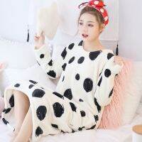 Autumn Winter Cow Print Long Sleeve Thick Warm Flannel Nightgowns For Women Coral Velvet Sleepwear Nightdress Night Dress Nighty