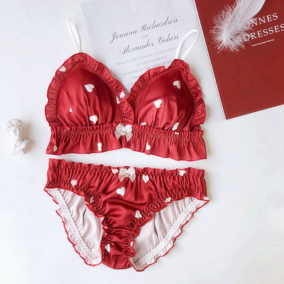 White red love print bra and panty set thin cup with pad Brassiere panties cotton comfortable young girls small intimates sexy