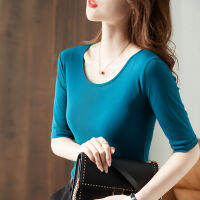 1266# () ใหม่ Neckline สีทึบ Slim Fit ร้อยแขนกลางตาข่าย Bottom