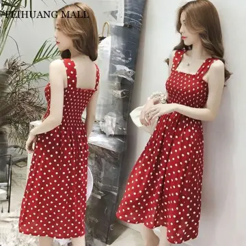 Red polka dot long on sale dress