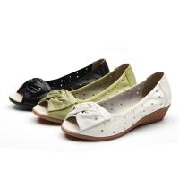 ร้อน, ร้อน★Women Fashion Wedge Sandals Leather Fish Mouth Low Heel Shoes for Women Hollow Out Plus Size Footwear