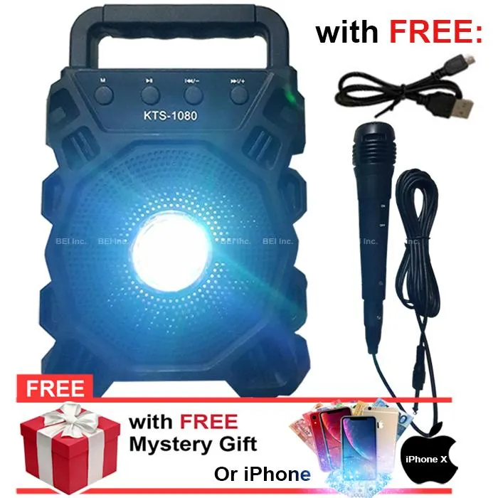 BEI Karaoke Model 16 Wireless Portable LED Bluetooth Speaker with FREE MIC & CORD and AUX/USB/TF
