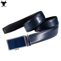 2 Hi-Tie Blue Navy Genuine Leather Mens Belts Metal Automatic Buckles Ratchet Strap Suit Trousers Adult Waist Belt For Dress Jeans