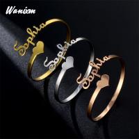 Stainless Steel Customized Nameplate Name Bracelets for Couples Personalized Custom Gold Cuff Bangles Women Adjustable Jewelry