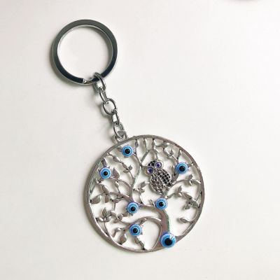 [In stock] พวงกุญแจต้นไม้ชีวิตสีเงินโบราณของตุรกีจี้กระเป๋าพวงกุญแจรูปนกอินทรีแก้วสีฟ้าตา gift