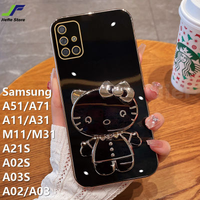JieFie Hello Kitty เคสโทรศัพท์สำหรับ Samsung Galaxy A51 / A71 / A31 / A11 M11 / A21S / A02S / A03S / A02 / A03/M31ตุ๊กตาน่ารักแต่งหน้ากระจกกรณีโครเมี่ยมสุดหรูชุบ Soft TPU ฝาครอบพร้อมตัวยึด