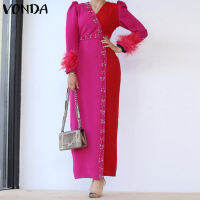 VONDA ผู้หญิงลำลองสี Contrast Design Trendy Fringe พิมพ์ Nipped เอวชุดยาว (แฟชั่นตะวันตก)