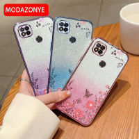 สำหรับ Redmi 9C เคสโทรศัพท์ดอกไม้ Bling แวววาวผีเสื้อป้องกันอ่อนเคสสำหรับ Redmi หลัง9C ผู้หญิง