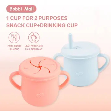 2-in-1 Silicone Baby Cups with Straw & Snack Cup Lid Silicone Sippy Cups for Baby Toddler Training Cup with Handles Spill-Proof Straw Cup BPA Free