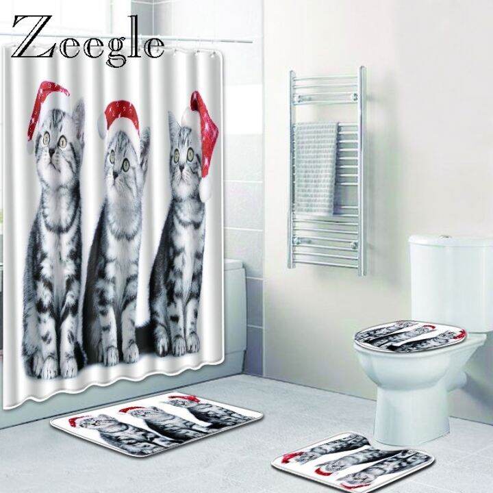 zeegle-cat-pattern-mat-for-bathroom-wc-carpet-set-4pcs-with-shower-curtain-microfiber-door-mats-toilet-rug-non-slip-floor-mats