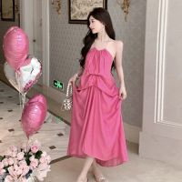 Pink backless hanging neck strap dress female summer new tea XieJue beautiful French dress sexy beach holiday