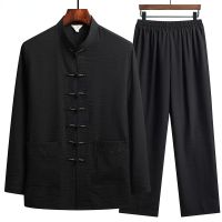 、’】【= Chinese Traditional Clothing Set Man Fall Linen Buckle Kung Fu Shirt Oriental Retro Top Pants Tai Chi Breathable Uniforms Hanfu