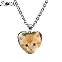 Cute Pet Orange Cat Heart Necklace for Women Men Kawaii Animal Pendant Necklace Chains Metal Glass Dome Jewelry Wholesale Gifts