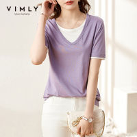 VIMLY Summer Tshirts For Women Casual V Neck Patchwork Cotton Tops Fashion Loose Womens T-shirts Minimalism Female Tees F7806