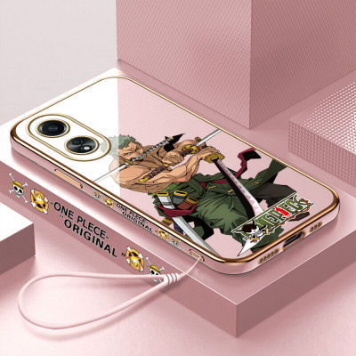 GGK เคสนิ่มลายการ์ตูน Zoro ฟรีสายคล้อง OPPO A58 4G ชุบเคสโทรศัพท์หรูหราเคลือบเคสโทรศัพท์นิ่ม